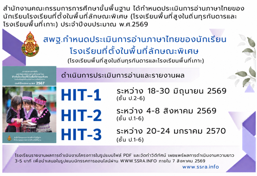 ประกาศ สพฐ. กำหนดประเมินการอ่านภาษาไทย HIT Test โดยเลื่อน HIT-1 เป็นวันที่ 18-30 มิถุนายน 2569